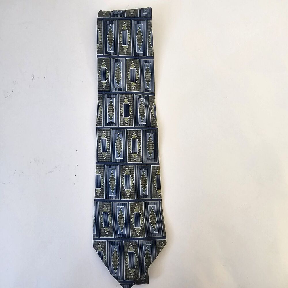 Mens Park Avenue Geometric Necktie Blue Gold Italian All Silk Hand Made R0340